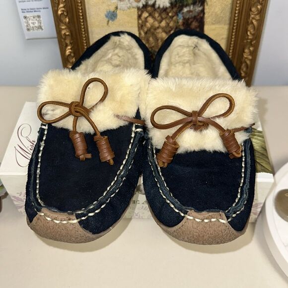 Sperry 8 Paige Navy Ivory Shearing Genuine Suede Leather Moccasin Slippers - Picture 1 of 9